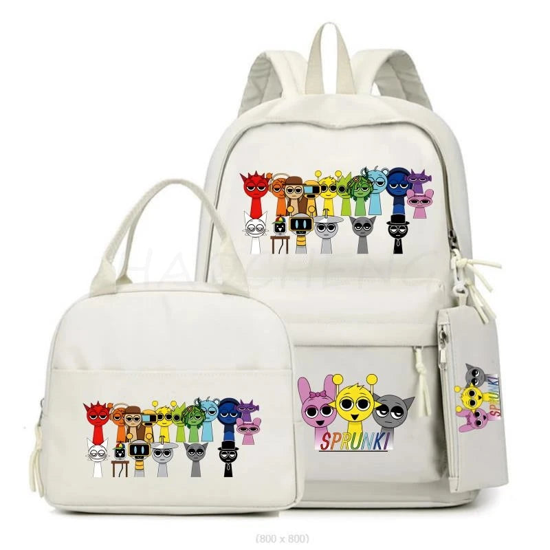 New Sprunki 3Pcs/set Student Boy Girl Schoolbag Colorful Backpack Children Teenager Cartoon School Bookbag with Lunch Bag Gift