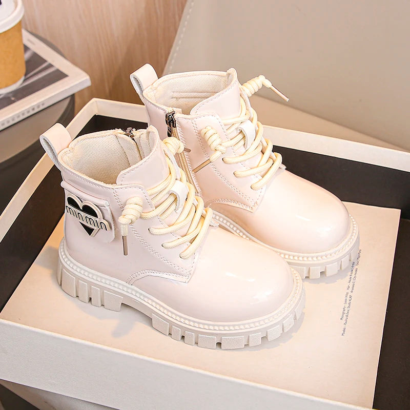 Kids Shoes Boots For Girl New School Thick Bottom Ankle Leather Boots Fashion Round-toe Children Black Short Boots Side Zipper