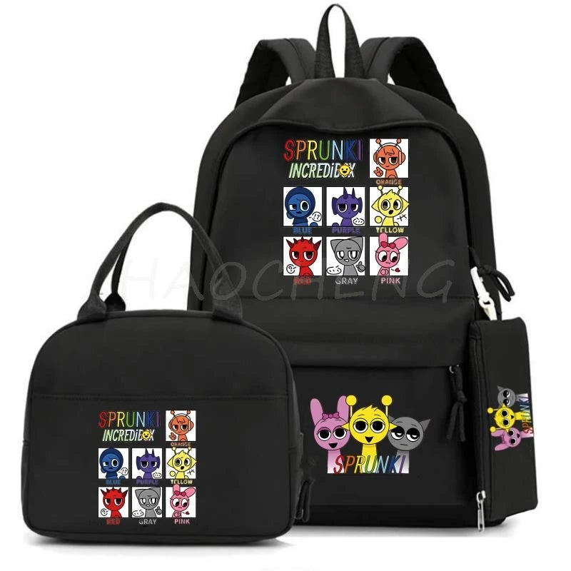 New Sprunki 3Pcs/set Student Boy Girl Schoolbag Colorful Backpack Children Teenager Cartoon School Bookbag with Lunch Bag Gift