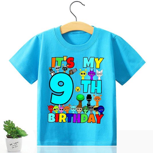 Sprunki Birthday Number T-Shirt Girl Boy Summer Short Sleeve Fashion Casual Kids Baby Tops Cute Tee Cartoon Toddler Clothes Gift