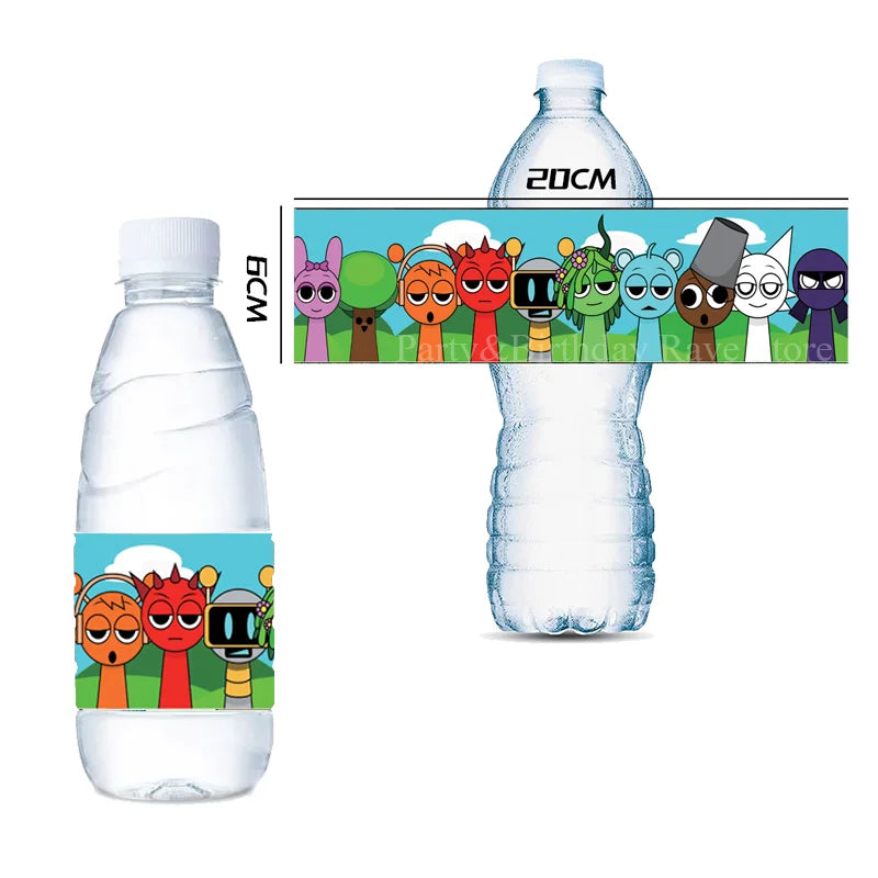 Cartoon Sprunki Water Bottle Stickers Label Incredibox Birthday Party Waterproof Bottle Wraps Baby Shower Kids Girls Party Favor